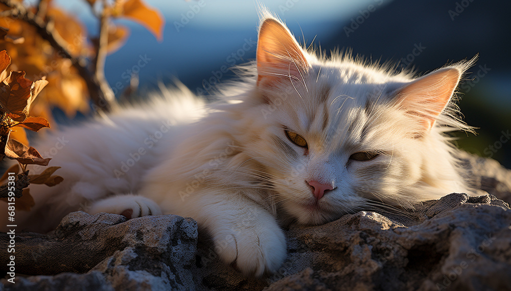 Cute kitten resting in nature, enjoying the peaceful outdoors generated by AI