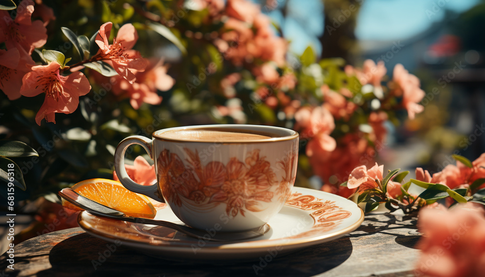 Fresh coffee cup on wooden table in outdoor garden generated by AI