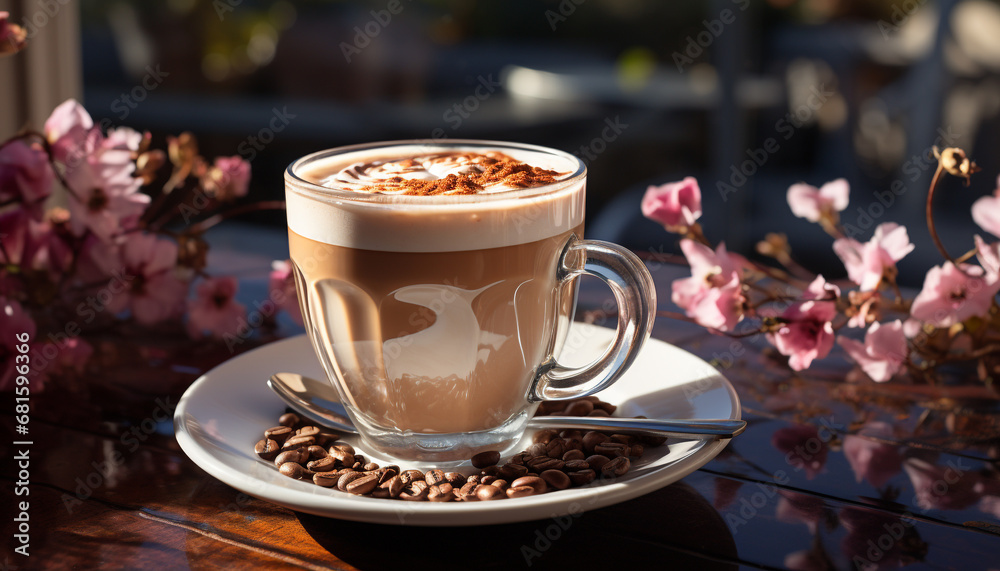 Fresh cappuccino on wooden table, a frothy drink to enjoy generated by AI