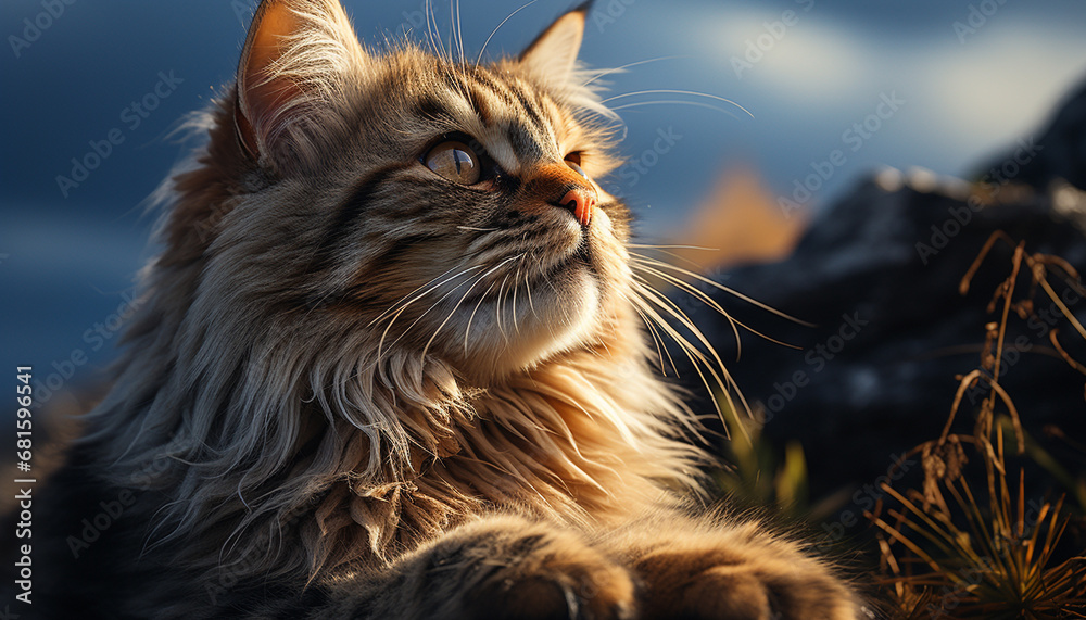 Cute kitten sitting in grass, staring at camera with curiosity generated by AI