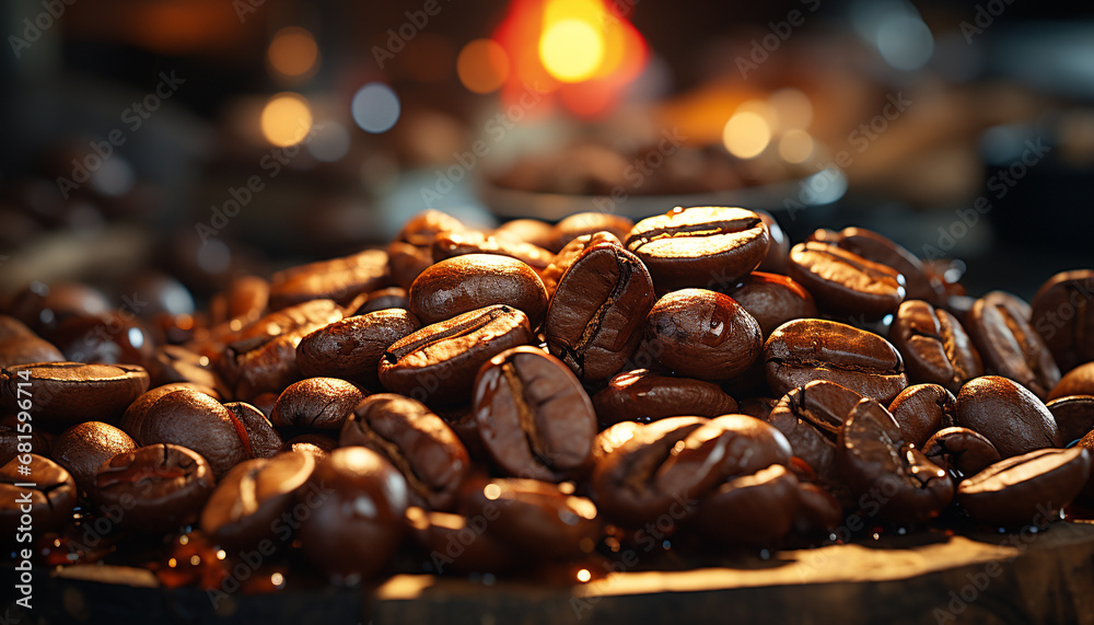 Freshly brewed coffee on a dark wooden table, inviting aroma generated by AI