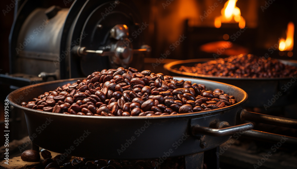 Freshly ground coffee beans release a dark, rich aroma generated by AI