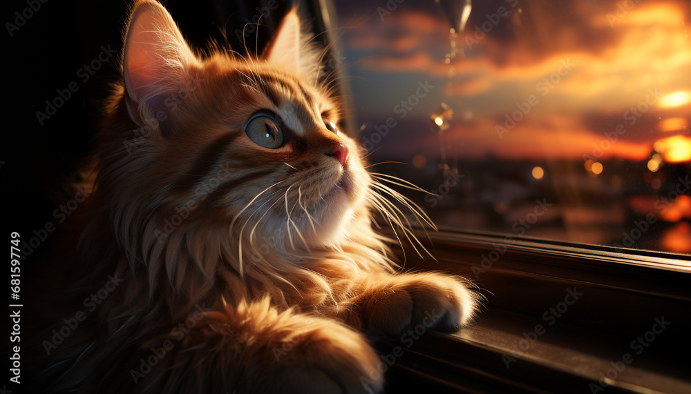 Cute kitten sitting by window, staring at sunset in nature generated by AI