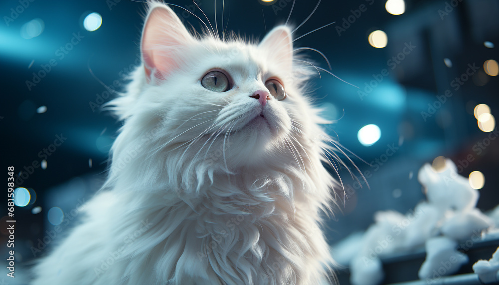 Cute kitten staring outdoors, fluffy fur illuminated by snow generated by AI