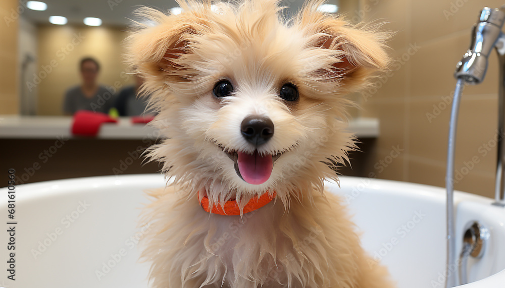 Cute puppy sitting in bathtub, looking at camera, wet fur generated by AI