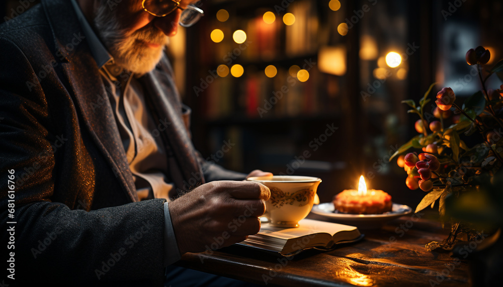 A comfortable man sitting indoors, holding a candle, reading generated by AI