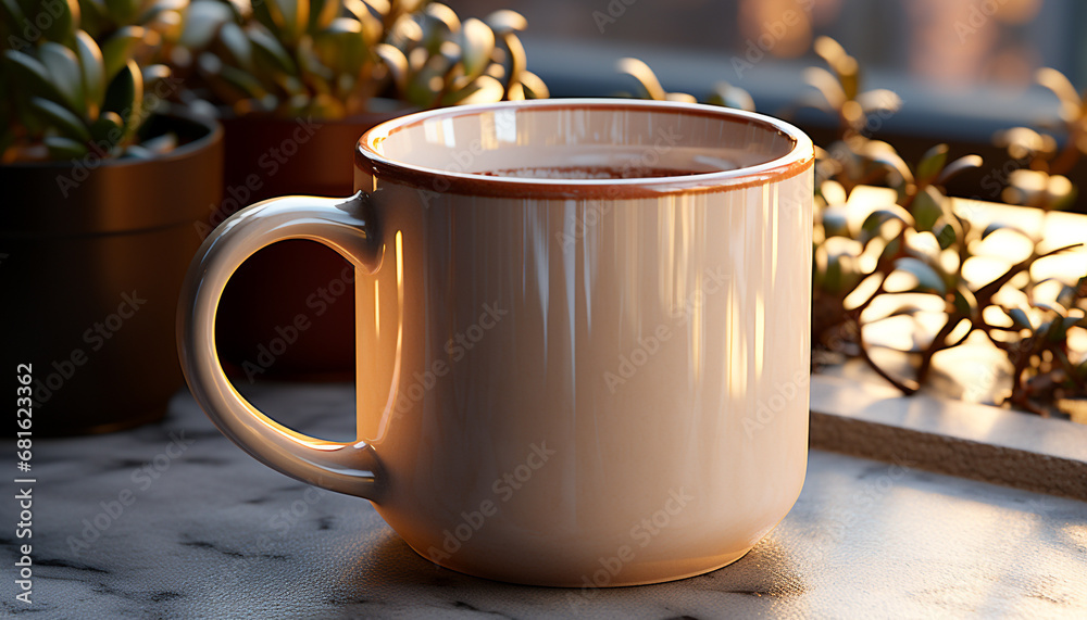 Fresh coffee in a wooden cup, nature perfect relaxation generated by AI