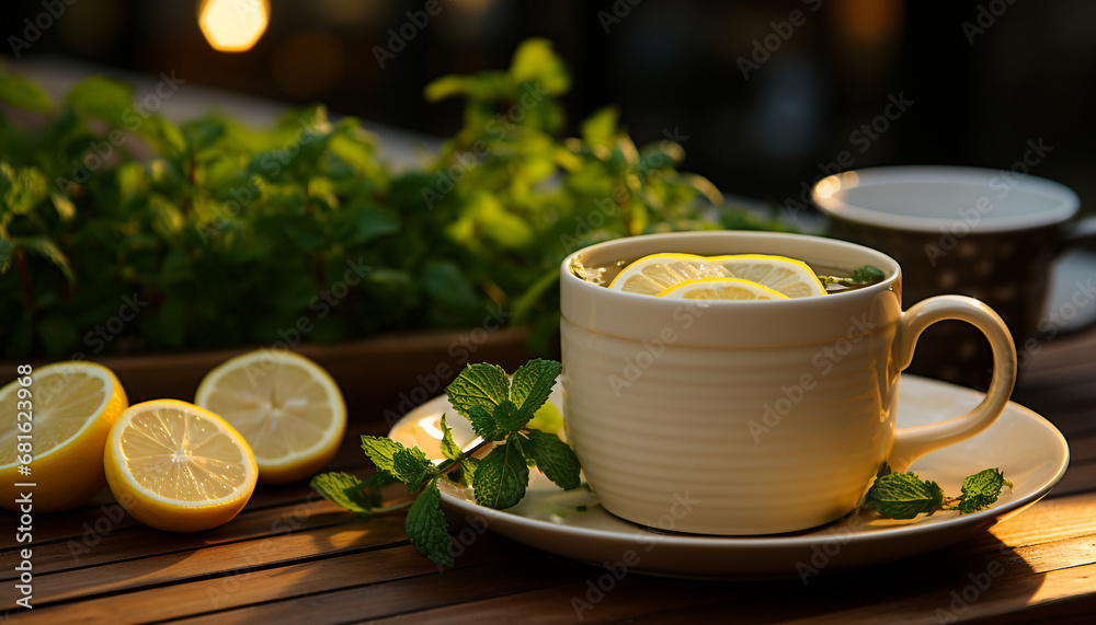 Fresh lemon slice on wooden table, refreshing drink in nature generated by AI