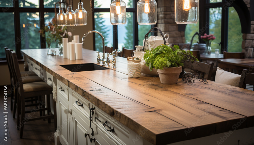 Modern domestic kitchen with elegant wood table and comfortable chairs generated by AI