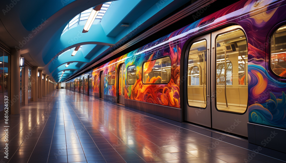 Modern subway train speeds through underground, illuminating futuristic architecture generated by AI