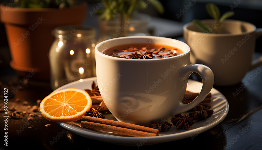 Hot drink on wooden table, close up of fresh coffee generated by AI