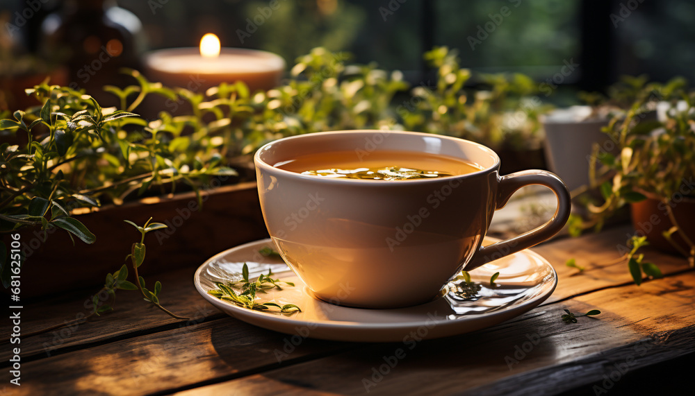 Fresh coffee in a rustic mug, surrounded by nature beauty generated by AI