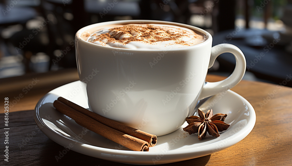 Fresh cappuccino on wooden table, a frothy, aromatic delight generated by AI