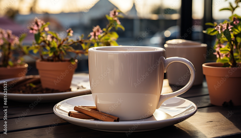 Fresh coffee cup on wooden table in nature backdrop generated by AI