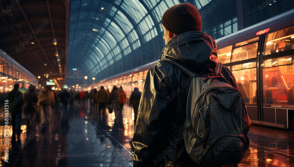 Unrecognizable person walking in the city, illuminated by street lights generated by AI