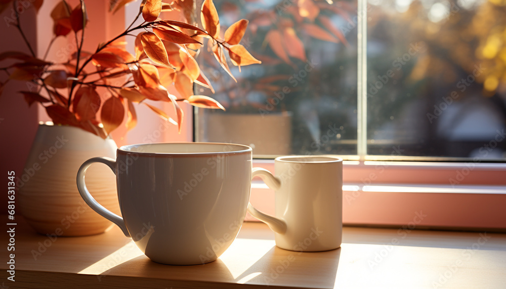 Coffee cup on wooden table by window, autumn leaves outside generated by AI