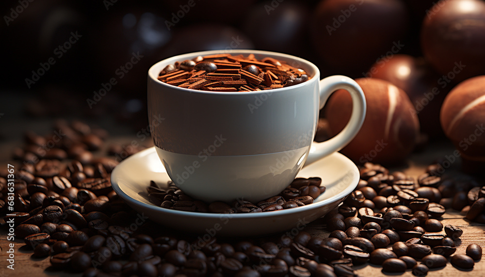 Fresh coffee bean on wooden table, black coffee in mug generated by AI