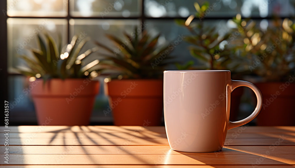 Coffee cup on wooden table near window, surrounded by nature generated by AI