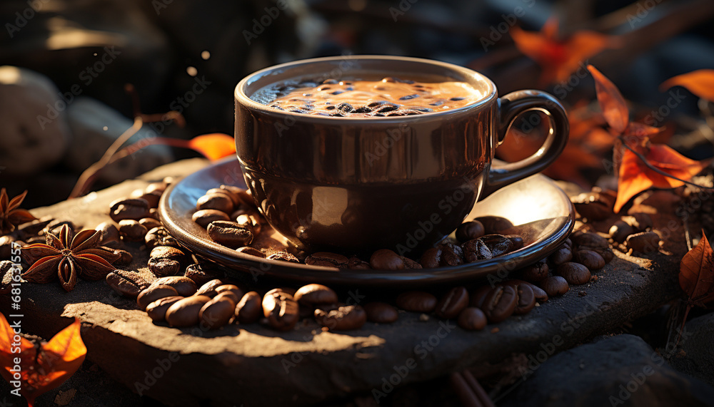 Hot drink on wooden table, coffee cup, autumn leaves background generated by AI