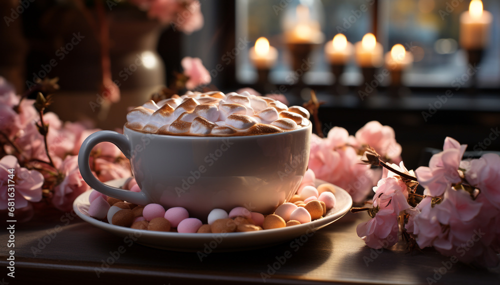 A fresh flower decorates a table with a coffee cup generated by AI