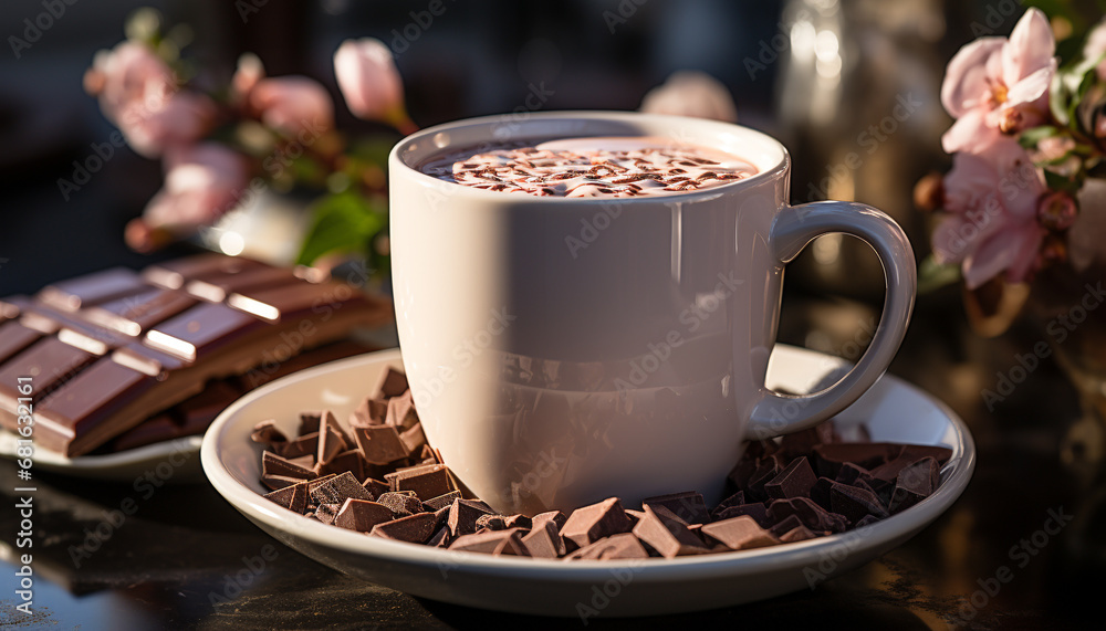 Freshly brewed coffee in a rustic wooden cup, a delightful indulgence generated by AI