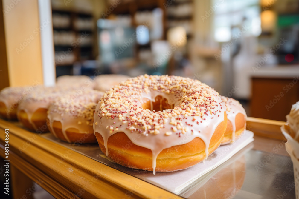 Single doughnut with pink icing and colorful sprinkles