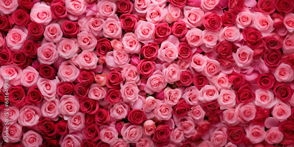 Assorted pink roses top view, romantic texture