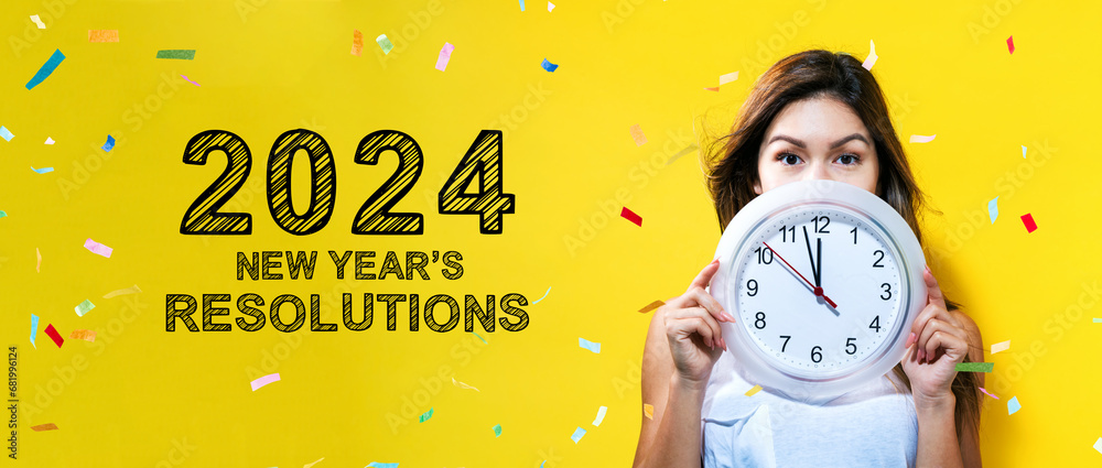 2024 New Years Resolutions with young woman holding a clock showing nearly 12