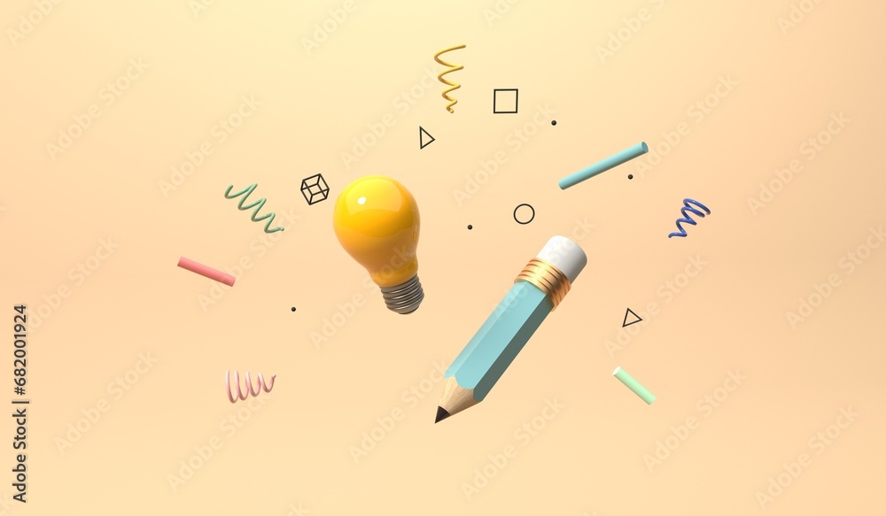 Education and school theme with a lightbulb and a pencil - 3D render