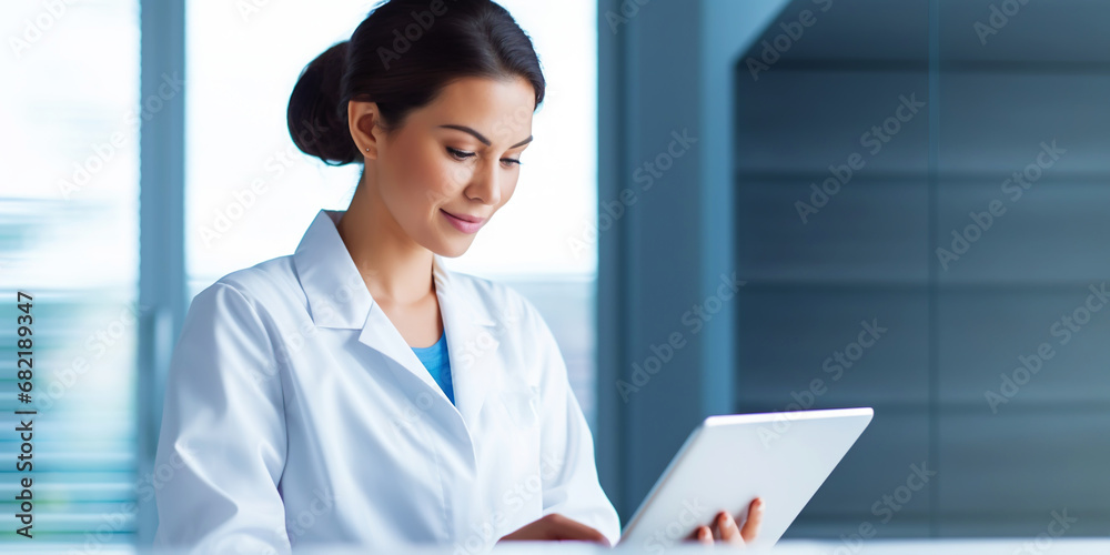 Medical hospital portrait: Confident female medical doctor using tablet . Healthcare concept. Generative AI