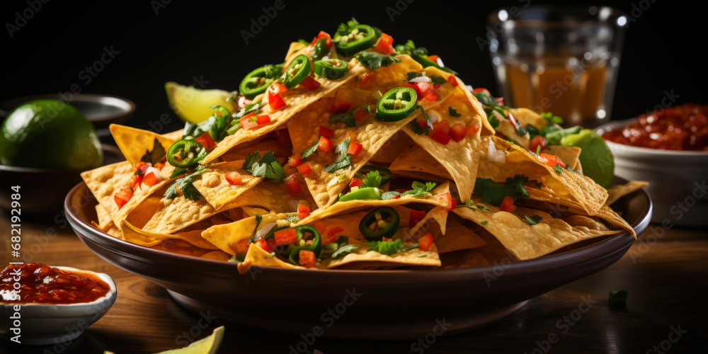 Close up view of nacho tortilla with cream sauce, pepper, spices. Generative AI