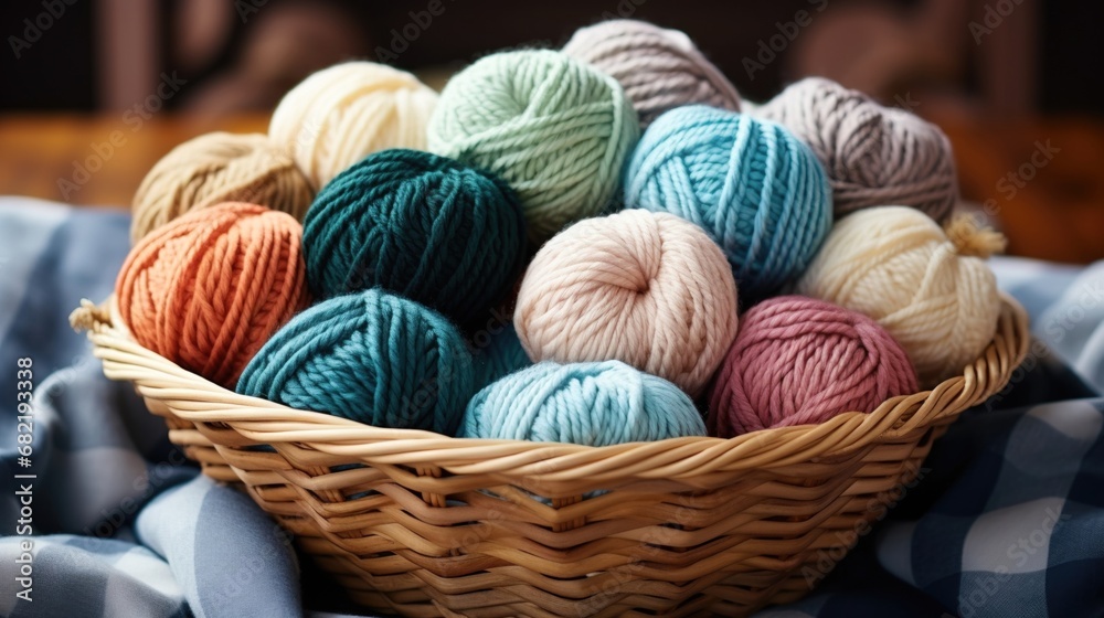 Close-up of coloured skeins of wool thread in a wooden basket. Cosy hobby concept. Generative AI