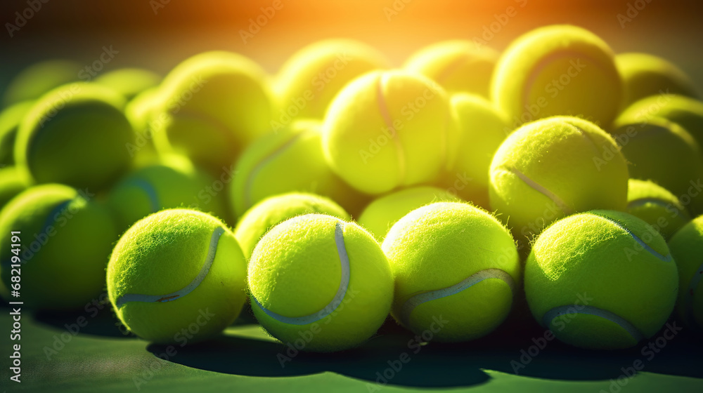 Closeup of a plenty of tennis balls on an empty tennis court, the sunshine. Sports lifestyle concept. Generative AI