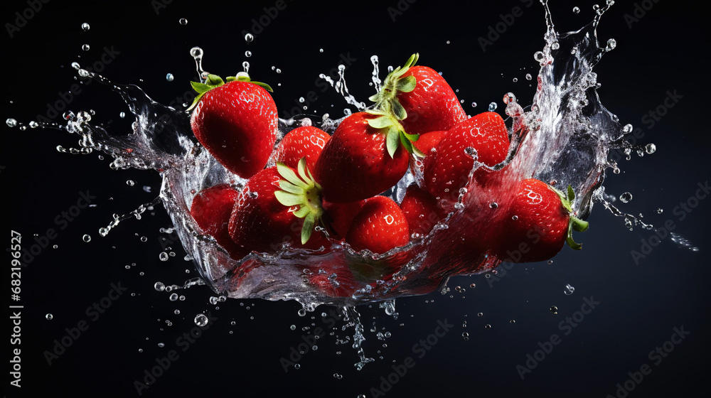 Fresh strawberry with water splashes on dark background. Generative AI