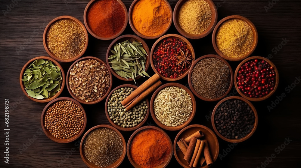 Collection of different aromatic spices and herbs in a wooden plates on dark background, view from above. Generative AI