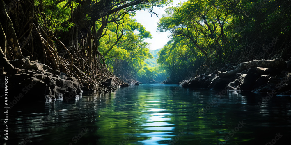 Mangrove forest and calm river in the morning. Minimalist landscape. Generative AI