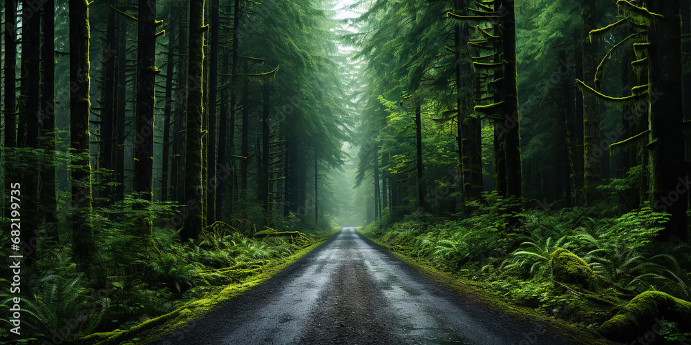 Misty road in fir forest. Minimalistic scenery. Generative AI