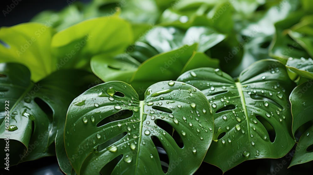  Close-up of green monstera leaves with water drops. Jungle wall background. Generative AI