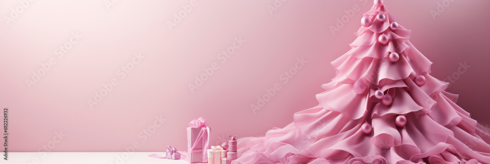 Pink Christmas background with New Year tree made of silk fabric. Copy space. Generative AI