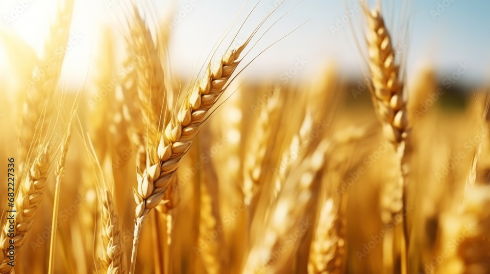 Close up of ripe golden wheat ears, field of wheat in a summer day, sun flare. Harvesting period. Generative AI