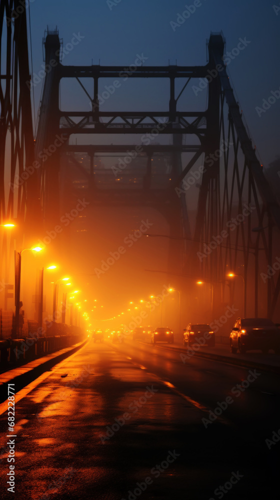 The bridge and road with lights of cars in fog. Misty evening. Mysterious landscape. Generative AI