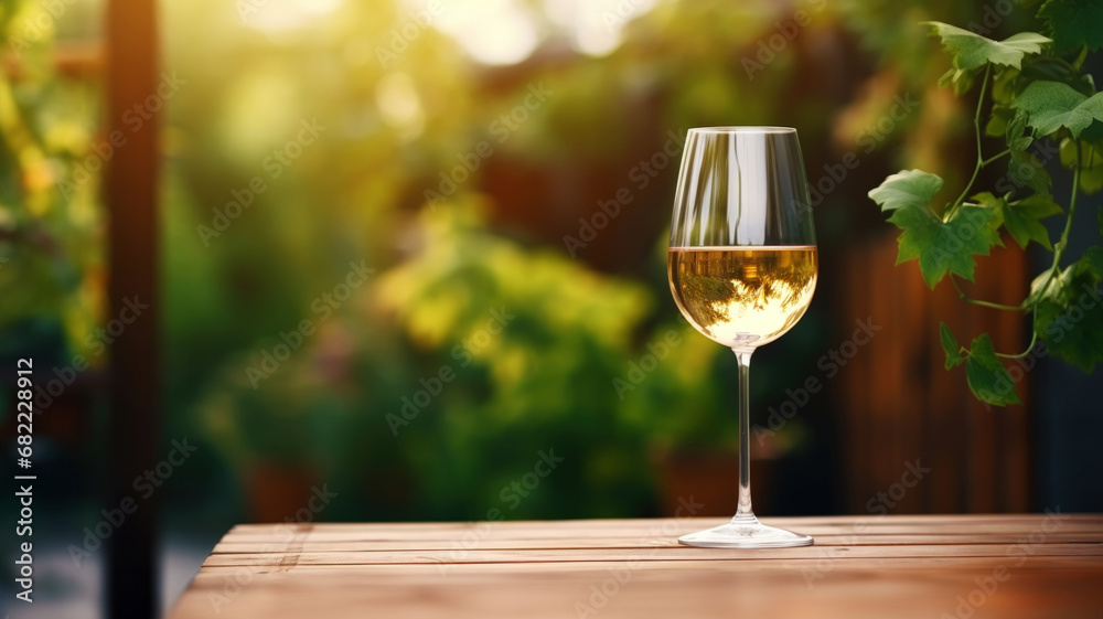 Elegant glass of white wine on blurres background with wine grapes in winery. Young wine. Generative AI