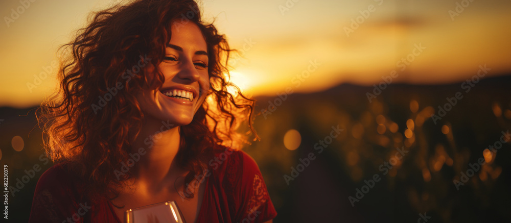 Portrait of a beautiful smiling girl with a glass of wine with a blurred backdrop of vineyard on a sunset. Generative AI