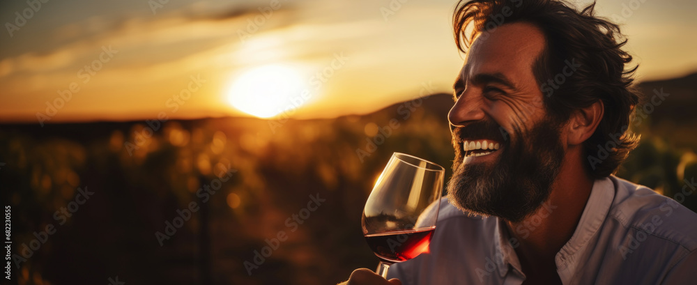 Portrait of a smiling man with a glass of wine, blurred backdrop of vineyard on a sunset. Generative AI