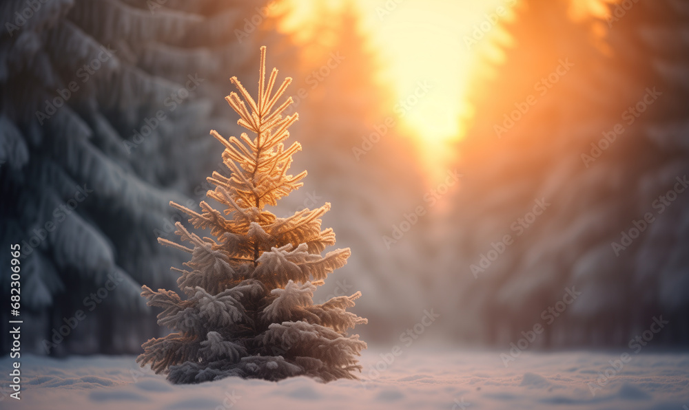 Beautiful Christmas tree winter forest. Colorful morning view of misty mountains during sunrise. Beauty of nature concept background.