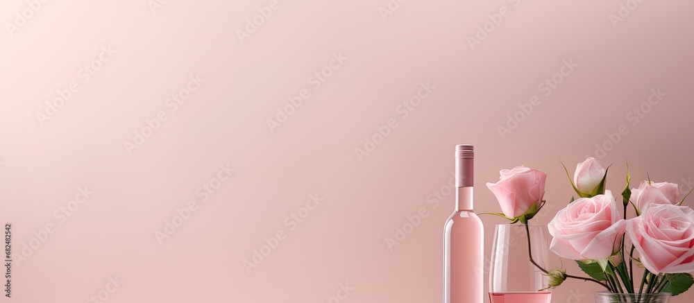 In a bright and colorful arrangement, a minimalistic bottle of pastel pink wine stands out amidst the flora, as elegant roses and other flowers enhance the simplicity of the scene, offering a serene