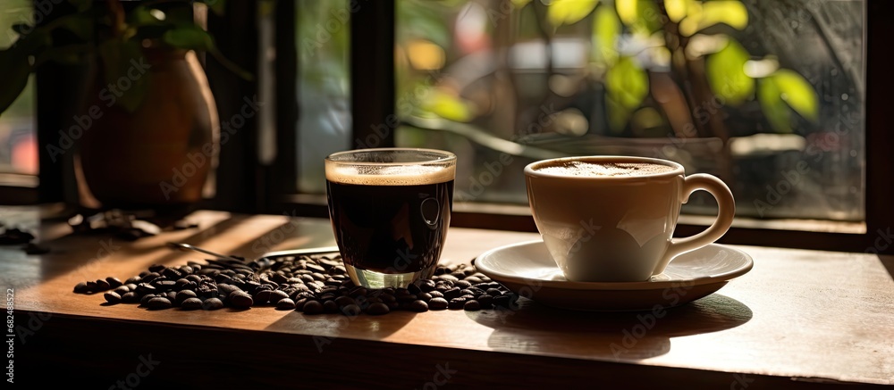 As the morning sunlight filtered through the café windows, a black wooden table provided the perfect backdrop for a delicious breakfast spread. The texture of the grain in the roasted coffee beans