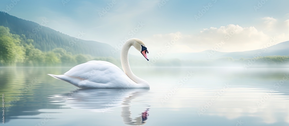 In the serene backdrop of a pristine lake, a white swan gracefully glides over the calm waters, its elegant reflection mirroring the beauty of natures wildlife, captivating all with its wild elegance