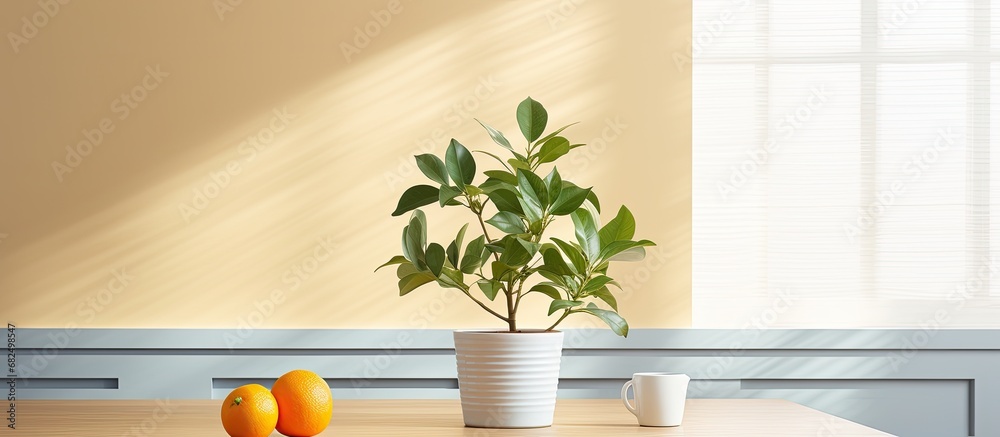 In a spacious, naturally lit room with a white, wooden table, a potted plant adorned with lush green leaves adds a touch of vibrancy amidst a serene lifestyle. On the desk, a healthy, ripe mandarin