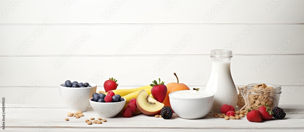 On a white wooden table, a nutritious breakfast was laid out - a glass of milk, a bowl of fresh fruit, and a jar of organic yogurt topped with cream - a healthy and satisfying meal, perfect for a